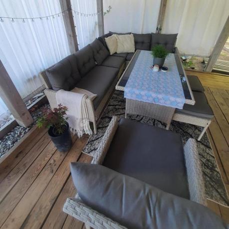 Narożnik z technorattanu ze stołem 120x70cm pufami i fotelem Perata Corner Light Grey