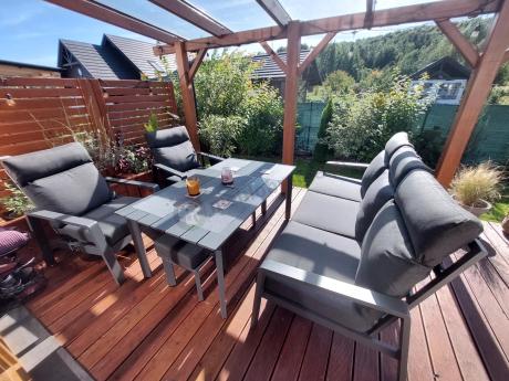 Nowoczesne aluminiowe meble ogrodowe z regulowanymi fotelami - Renalo Dining Relax Grafitowe