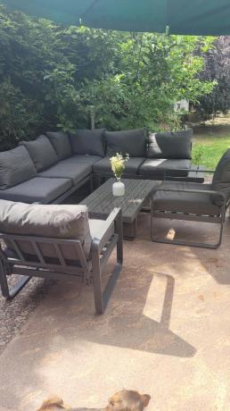 Nowoczesne meble metalowe na taras - narożnik 220x220cm + 2 fotele - Panaon Corner - DG