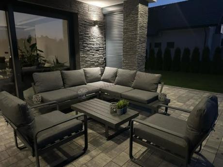 Nowoczesne meble metalowe na taras - narożnik 220x220cm + 2 fotele - Panaon Corner - DG