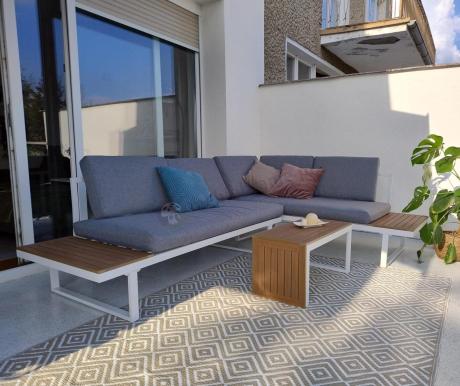 Nowoczesne meble na taras - narożnik modułowy ze stolikiem - Vernon - White