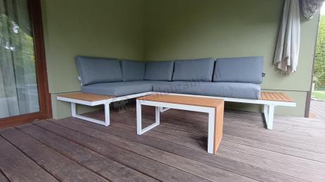 Nowoczesne meble na taras - narożnik modułowy ze stolikiem - Vernon - White