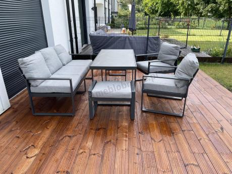 Nowoczesne meble na taras - zestaw z sofą fotelami i pufami - Panaon Elite Plus Light Grey