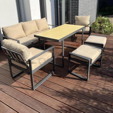 Nowoczesne meble na taras dla 7 osób - sofa 175cm, fotele i pufy - Panaon Dining WB