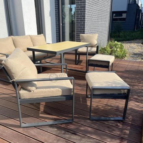 Nowoczesne meble na taras dla 7 osób - sofa 175cm, fotele i pufy - Panaon Dining WB