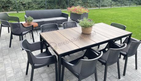 Nowoczesne meble obiadowe dla 10 osób do ogrodu Portis ze stołem 200cm i blatem w kolorze drewna