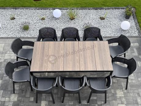 Nowoczesne meble obiadowe dla 10 osób do ogrodu Portis ze stołem 200cm i blatem w kolorze drewna