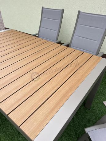 Nowoczesne meble ogrodowe dla 10 osób z rozkładanym stołem 210 i 10 regulowanymi krzesłami Tanami Daven Taupe