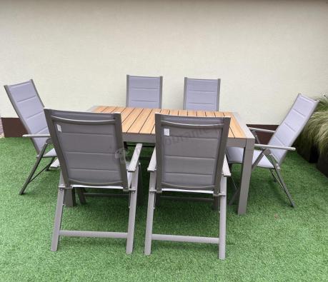 Nowoczesne meble ogrodowe dla 10 osób z rozkładanym stołem 210 i 10 regulowanymi krzesłami Tanami Daven Taupe