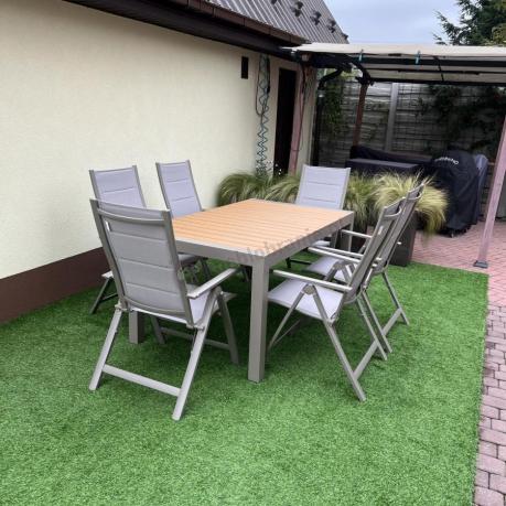 Nowoczesne meble ogrodowe dla 10 osób z rozkładanym stołem 210 i 10 regulowanymi krzesłami Tanami Daven Taupe