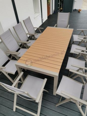 Nowoczesne meble ogrodowe dla 10 osób z rozkładanym stołem 210 i 10 regulowanymi krzesłami Tanami Daven Taupe