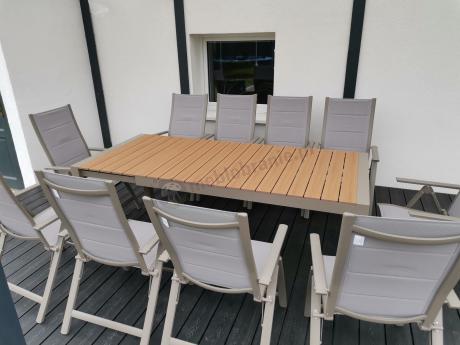 Nowoczesne meble ogrodowe dla 10 osób z rozkładanym stołem 210 i 10 regulowanymi krzesłami Tanami Daven Taupe