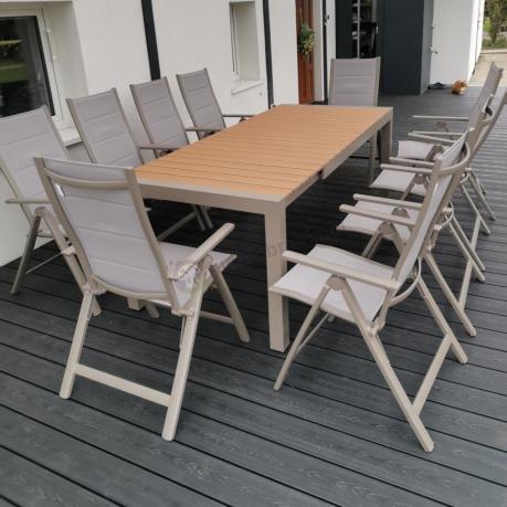 Nowoczesne meble ogrodowe dla 10 osób z rozkładanym stołem 210 i 10 regulowanymi krzesłami Tanami Daven Taupe