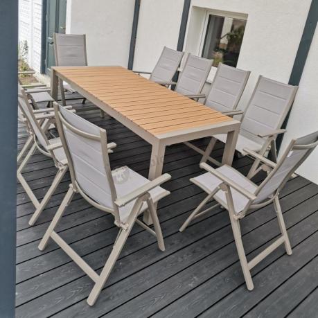 Nowoczesne meble ogrodowe dla 10 osób z rozkładanym stołem 210 i 10 regulowanymi krzesłami Tanami Daven Taupe