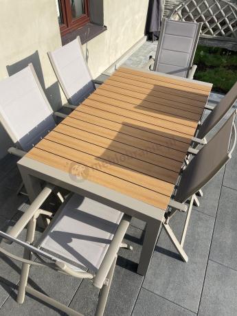 Nowoczesne meble ogrodowe dla 10 osób z rozkładanym stołem 210 i 10 regulowanymi krzesłami Tanami Daven Taupe