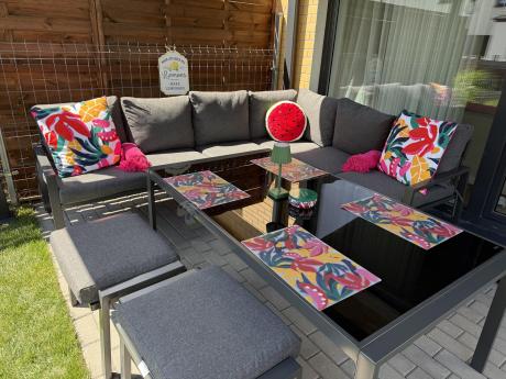 Nowoczesne meble ogrodowe metalowe - narożnik z pufami - Sodor Corner XL - Dark Grey