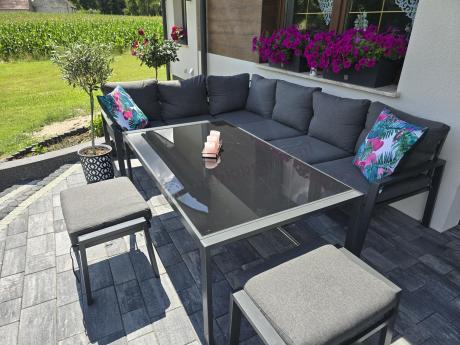 Nowoczesne meble ogrodowe metalowe - narożnik z pufami - Sodor Corner XL - Dark Grey