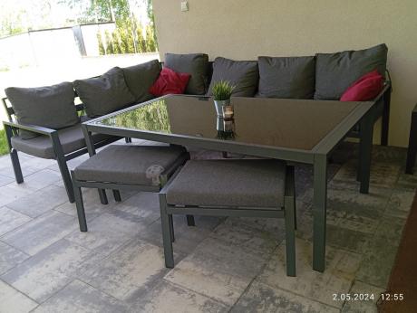 Nowoczesne meble ogrodowe metalowe - narożnik z pufami - Sodor Corner XL - Dark Grey