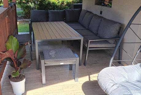 Nowoczesne meble ogrodowe metalowe - narożnik z pufami - Sodor Corner XL - Dark Grey Polywood
