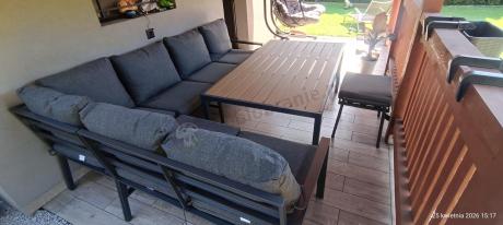 Nowoczesne meble ogrodowe metalowe - narożnik z pufami - Sodor Corner XL - Dark Grey Polywood