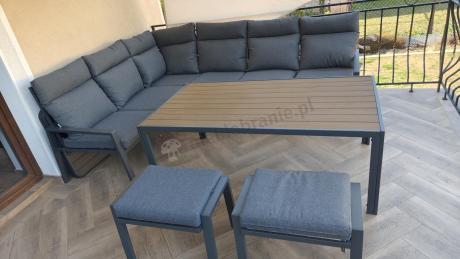 Nowoczesne meble ogrodowe metalowe narożne z pufami i stołem polywood- Doros Corner XL - Dark Grey