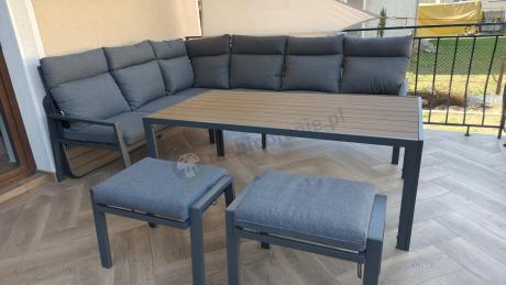 Nowoczesne meble ogrodowe metalowe narożne z pufami i stołem polywood- Doros Corner XL - Dark Grey