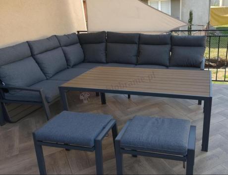 Nowoczesne meble ogrodowe metalowe narożne z pufami i stołem polywood- Doros Corner XL - Dark Grey