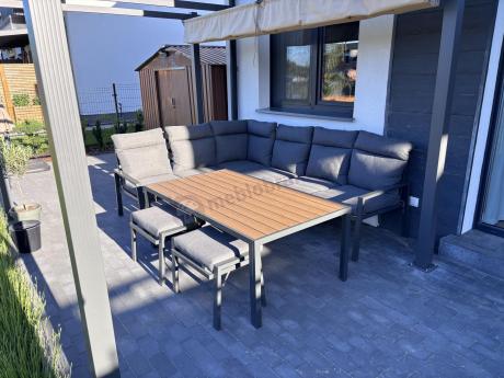 Nowoczesne meble ogrodowe metalowe narożne z pufami i stołem polywood- Doros Corner XL - Dark Grey