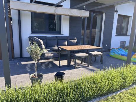 Nowoczesne meble ogrodowe metalowe narożne z pufami i stołem polywood- Doros Corner XL - Dark Grey