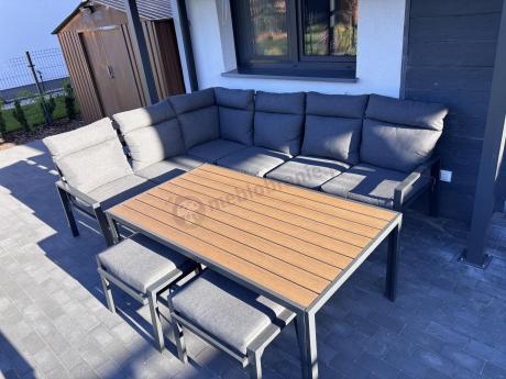 Nowoczesne meble ogrodowe metalowe narożne z pufami i stołem polywood- Doros Corner XL - Dark Grey