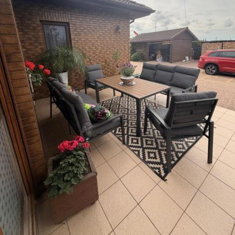 Nowoczesne meble ogrodowe metalowe z wysokimi oparciami - 2 sofy, 2 fotele, stół 160cm Doros Grande - Polywood Dark G