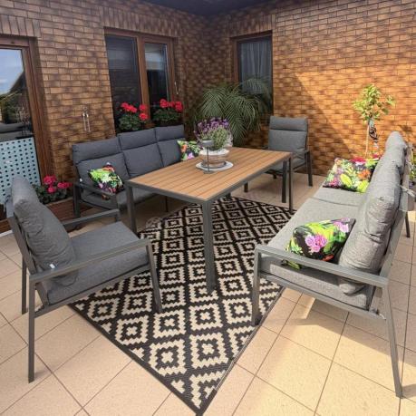 Nowoczesne meble ogrodowe metalowe z wysokimi oparciami - 2 sofy, 2 fotele, stół 160cm Doros Grande - Polywood Dark G