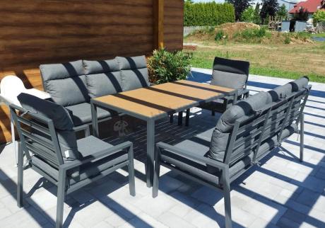Nowoczesne meble ogrodowe metalowe z wysokimi oparciami - 2 sofy, 2 fotele, stół 160cm Doros Grande - Polywood Dark G