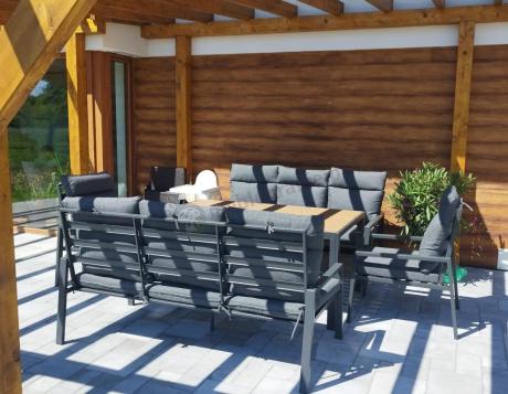 Nowoczesne meble ogrodowe metalowe z wysokimi oparciami - 2 sofy, 2 fotele, stół 160cm Doros Grande - Polywood Dark G