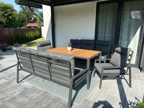 Nowoczesne meble ogrodowe metalowe z wysokimi oparciami - 2 sofy, 2 fotele, stół 160cm Doros Grande - Polywood Dark G