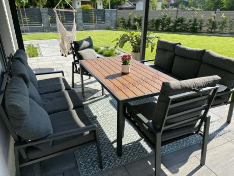 Nowoczesne meble ogrodowe metalowe z wysokimi oparciami - 2 sofy, 2 fotele, stół 160cm Doros Grande - Polywood Dark G