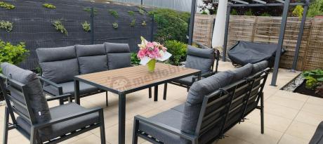 Nowoczesne meble ogrodowe metalowe z wysokimi oparciami - 2 sofy, 2 fotele, stół 160cm Doros Grande - Polywood Dark G