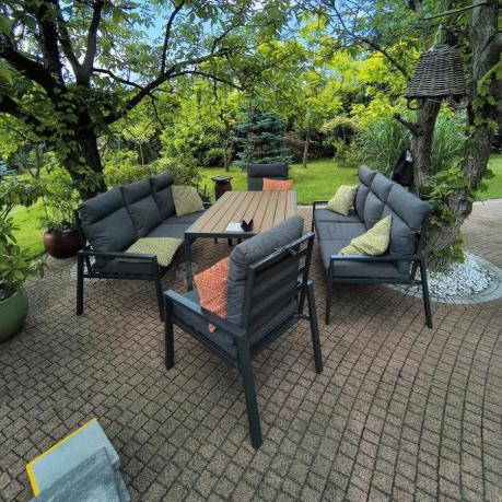 Nowoczesne meble ogrodowe metalowe z wysokimi oparciami - 2 sofy, 2 fotele, stół 160cm Doros Grande - Polywood Dark G