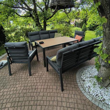 Nowoczesne meble ogrodowe metalowe z wysokimi oparciami - 2 sofy, 2 fotele, stół 160cm Doros Grande - Polywood Dark G