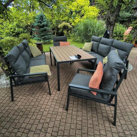 Nowoczesne meble ogrodowe metalowe z wysokimi oparciami - 2 sofy, 2 fotele, stół 160cm Doros Grande - Polywood Dark G