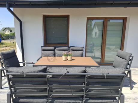 Nowoczesne meble ogrodowe metalowe z wysokimi oparciami - 2 sofy, 2 fotele, stół 160cm Doros Grande - Polywood Dark G