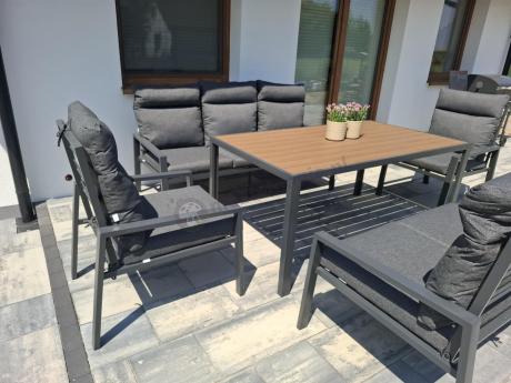 Nowoczesne meble ogrodowe metalowe z wysokimi oparciami - 2 sofy, 2 fotele, stół 160cm Doros Grande - Polywood Dark G