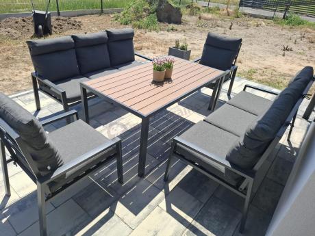 Nowoczesne meble ogrodowe metalowe z wysokimi oparciami - 2 sofy, 2 fotele, stół 160cm Doros Grande - Polywood Dark G