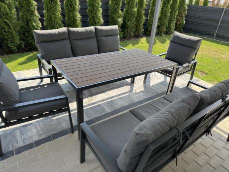 Nowoczesne meble ogrodowe metalowe z wysokimi oparciami - 2 sofy, 2 fotele, stół 160cm Doros Grande - Polywood Dark G