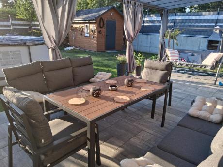 Nowoczesne meble ogrodowe metalowe z wysokimi oparciami - 2 sofy, 2 fotele, stół 160cm Doros Grande - Polywood Dark G