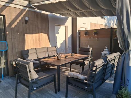 Nowoczesne meble ogrodowe metalowe z wysokimi oparciami - 2 sofy, 2 fotele, stół 160cm Doros Grande - Polywood Dark G