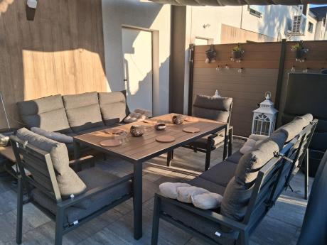 Nowoczesne meble ogrodowe metalowe z wysokimi oparciami - 2 sofy, 2 fotele, stół 160cm Doros Grande - Polywood Dark G