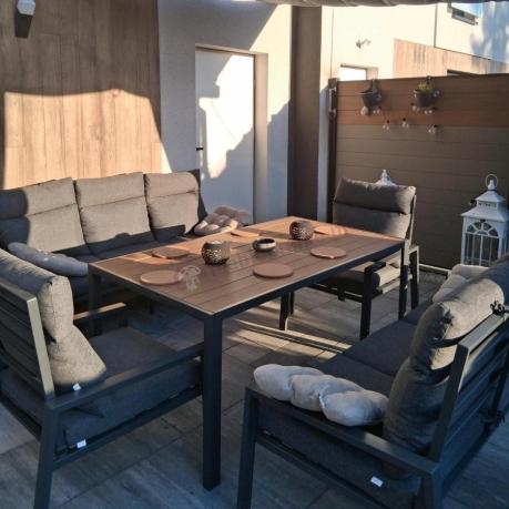Nowoczesne meble ogrodowe metalowe z wysokimi oparciami - 2 sofy, 2 fotele, stół 160cm Doros Grande - Polywood Dark G