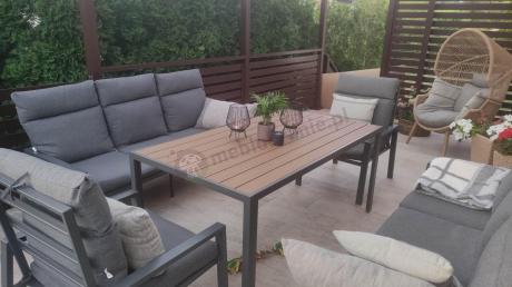 Nowoczesne meble ogrodowe metalowe z wysokimi oparciami - 2 sofy, 2 fotele, stół 160cm Doros Grande - Polywood Dark G