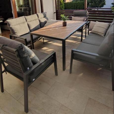 Nowoczesne meble ogrodowe metalowe z wysokimi oparciami - 2 sofy, 2 fotele, stół 160cm Doros Grande - Polywood Dark G